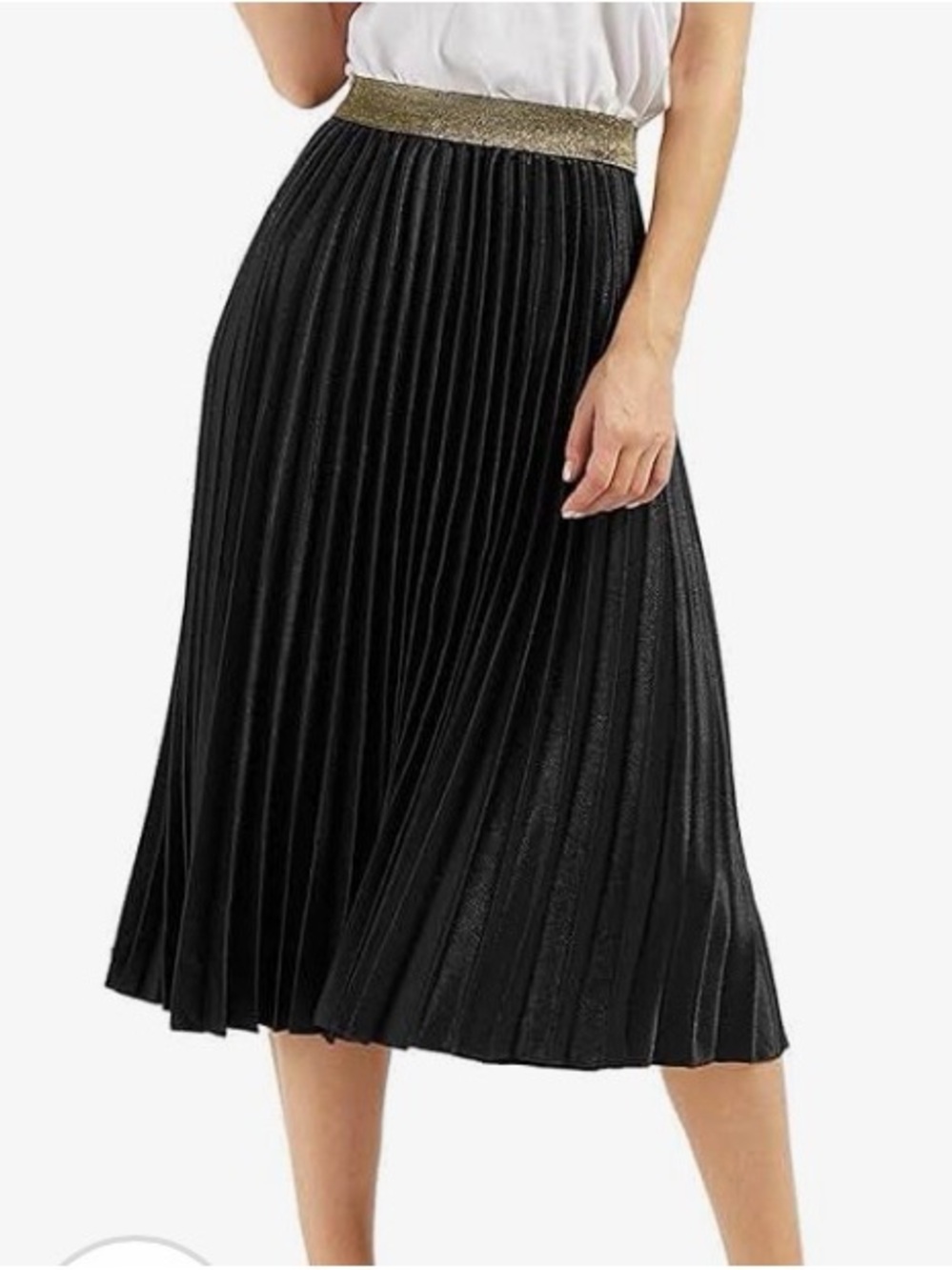Black Pleated Midi Skirt with Gold Waistband